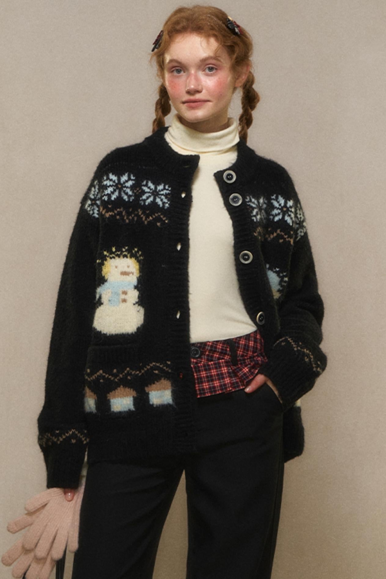 Vintage Snowman Jacquard Knit Cardigan