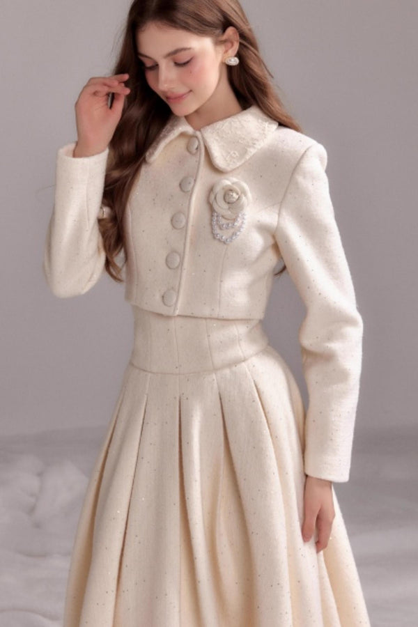Thin Glitter Lapel Top & Pleated Skirt Set-Up