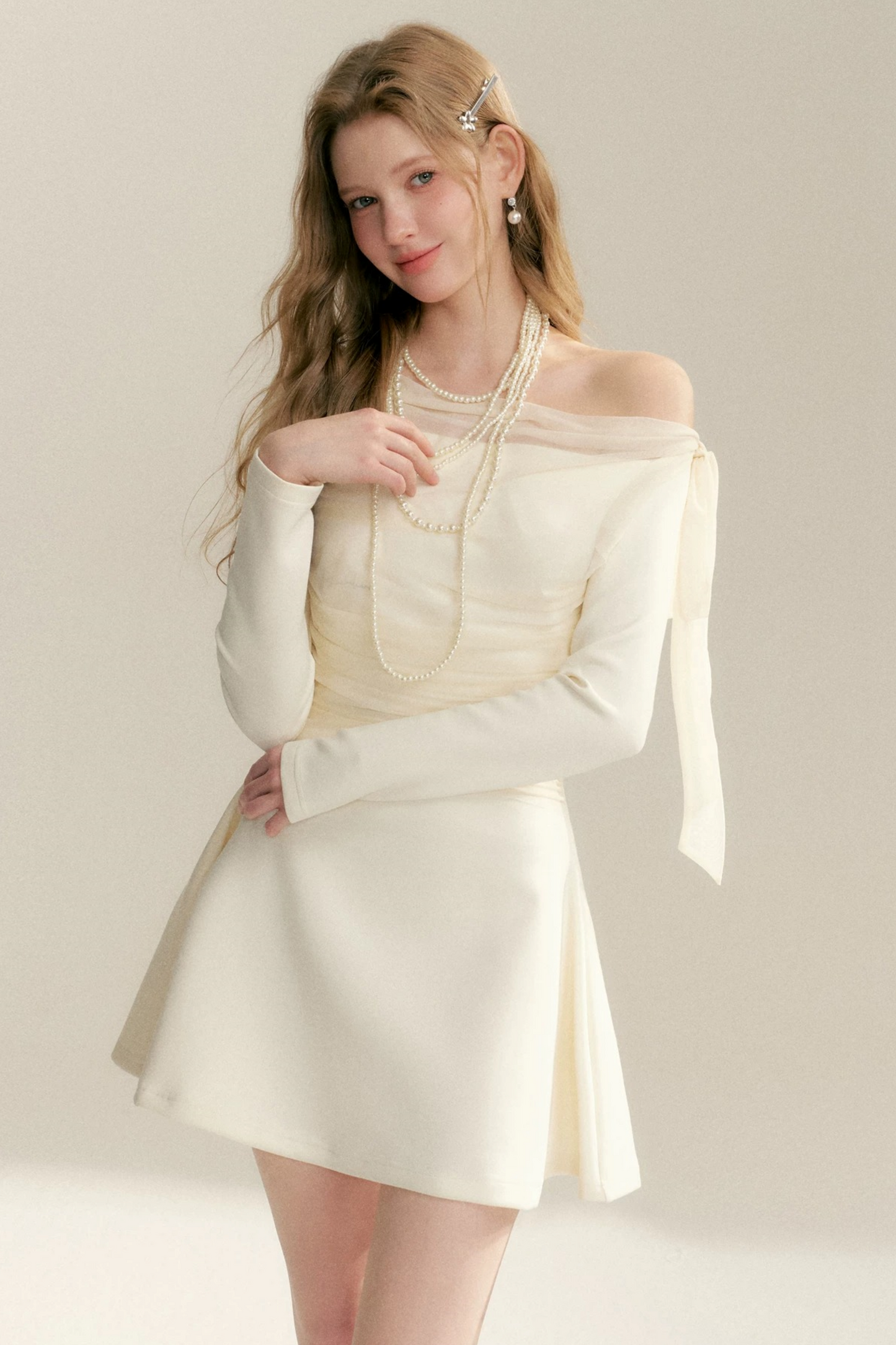 Pleated Tulle Bow Long-Sleeve Dress
