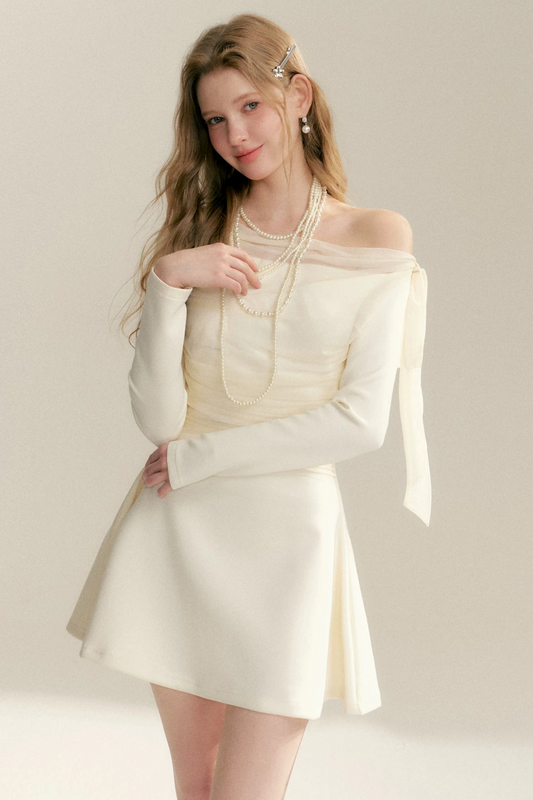 Pleated Tulle Bow Long-Sleeve Dress
