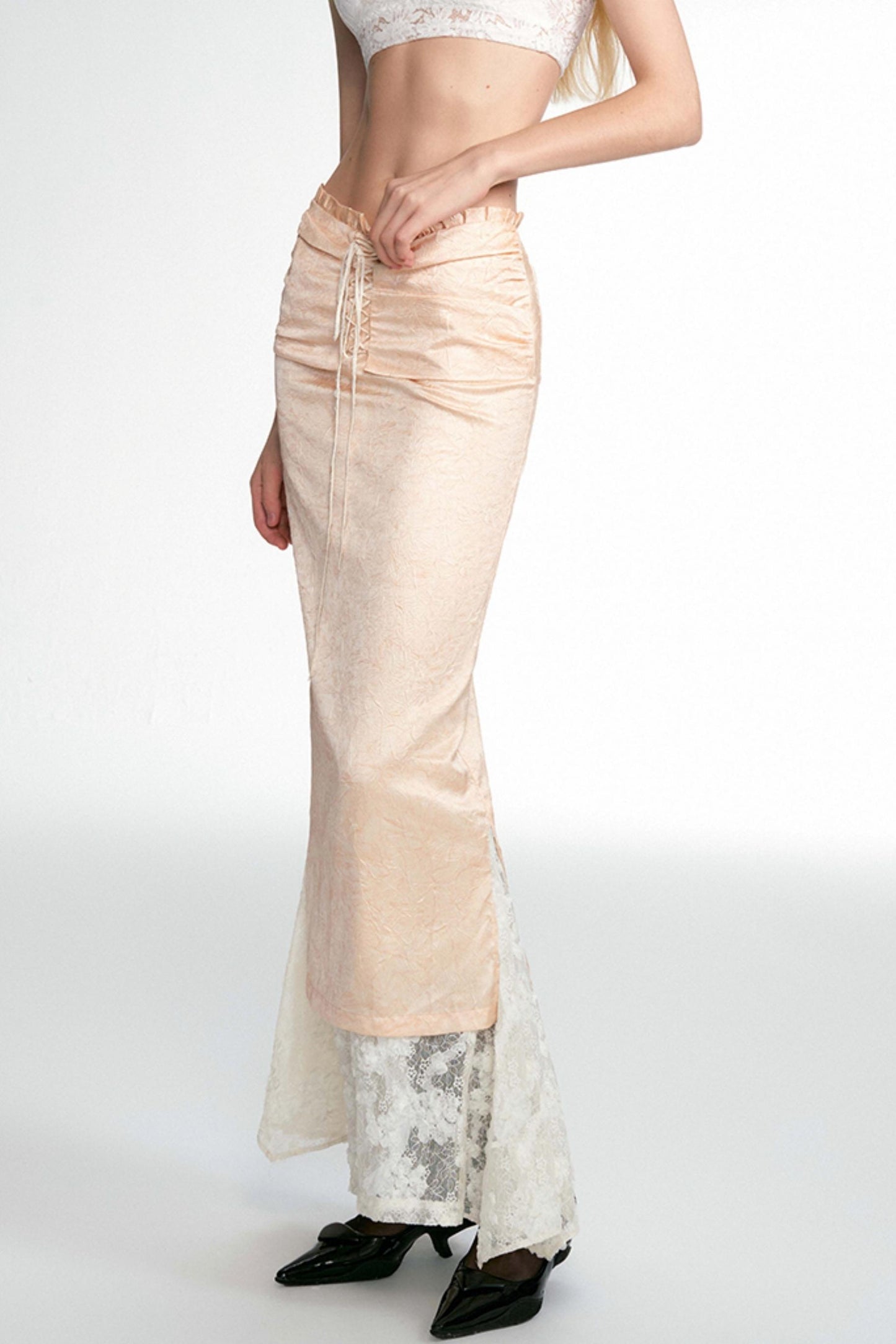 OfAkiva "Genyue Window" pleated streamer satin tie strapped, shirred lace insert maxi skirt