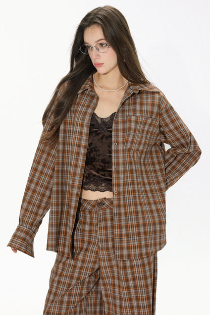 Brown Check Wide Leg Trousers Jacket Set-Up