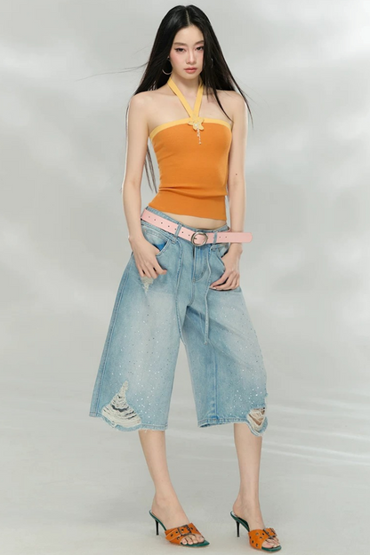 Rhinestone Distressed Denim Pants