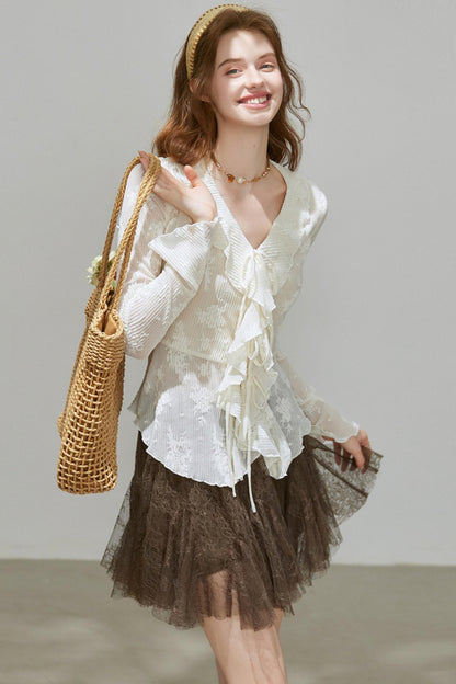 Autumn Womens V-neck Ruffled Top