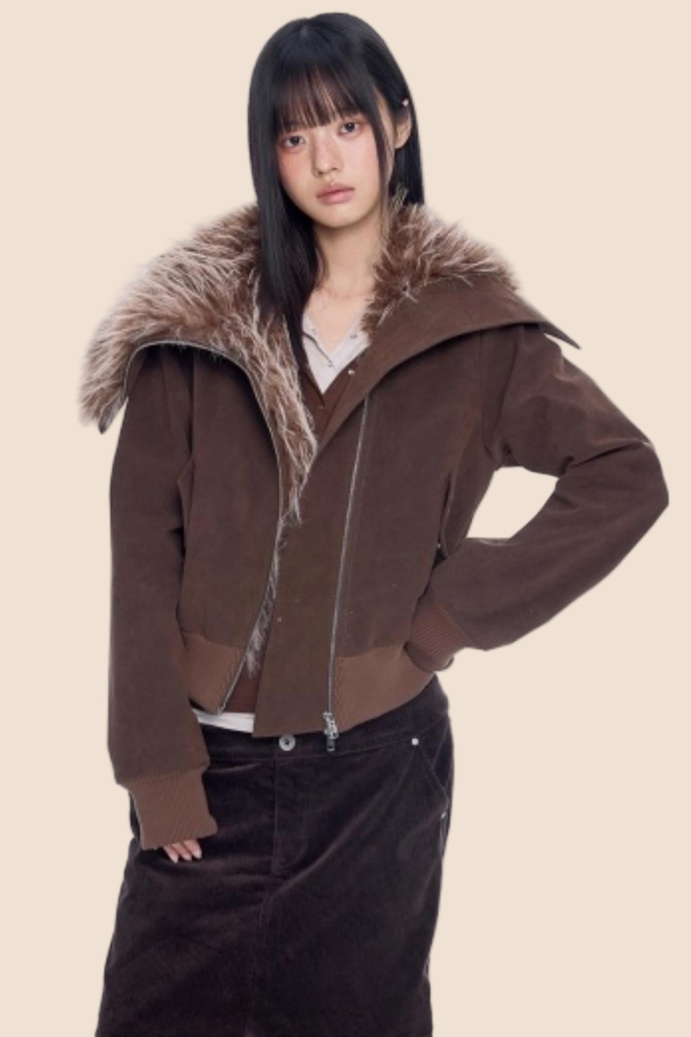 Faux Suede Fur Collar Coat