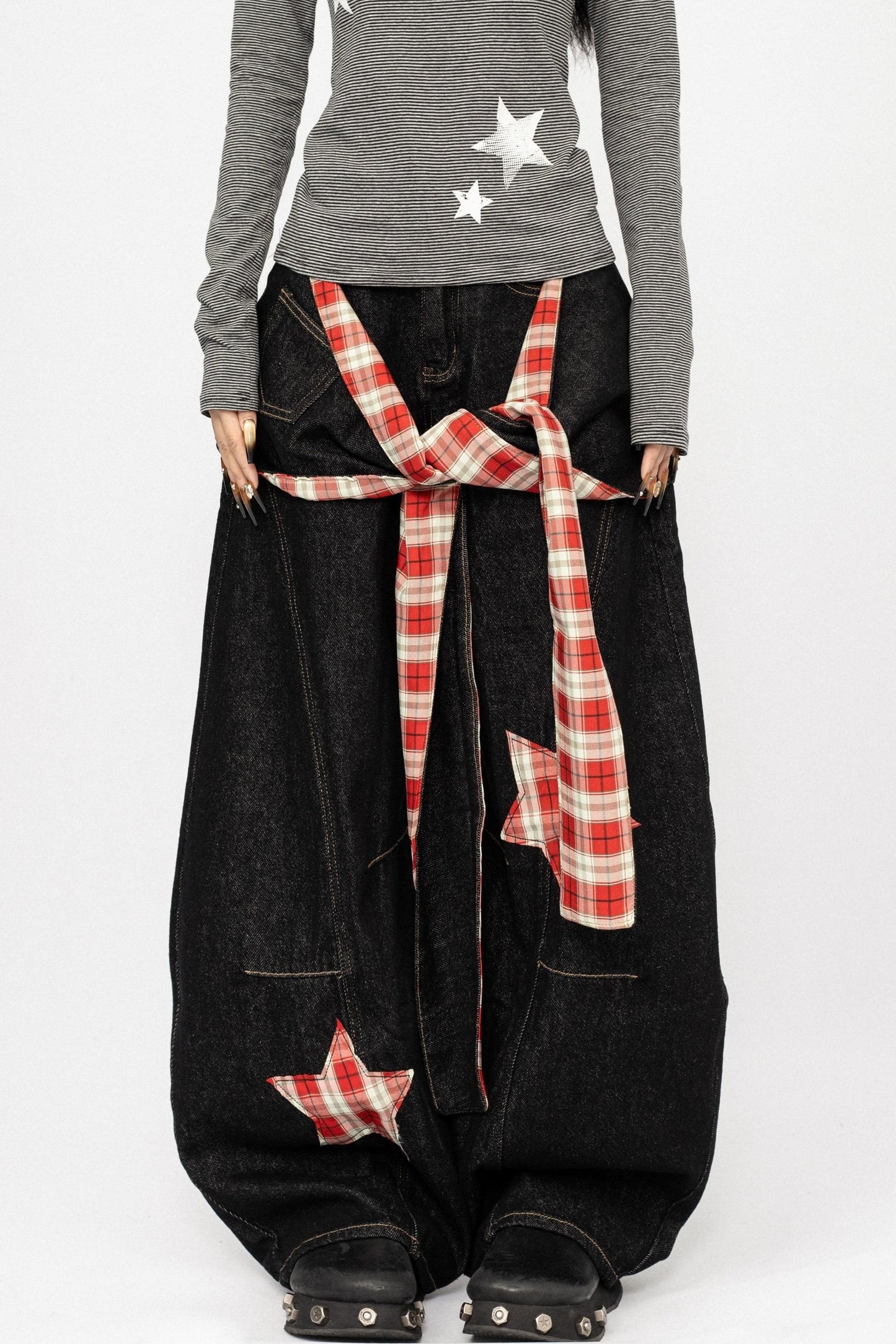 Vintage Spice Girl Plaid Stitched Wide-leg Pants