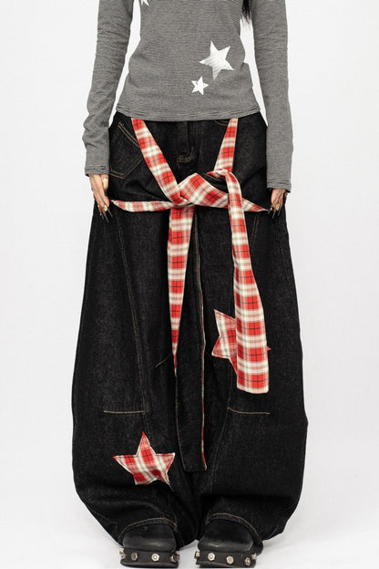 Vintage Spice Girl Plaid Stitched Wide-leg Pants