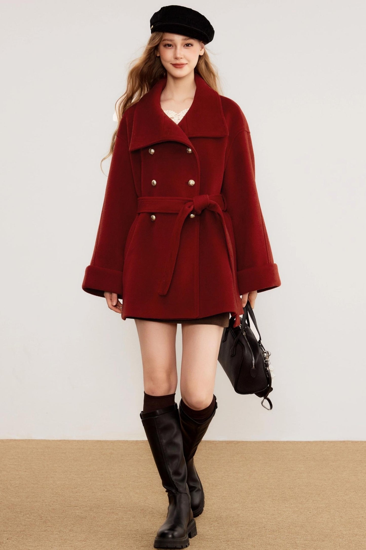 Red Woolen Waist-Cinching Coat