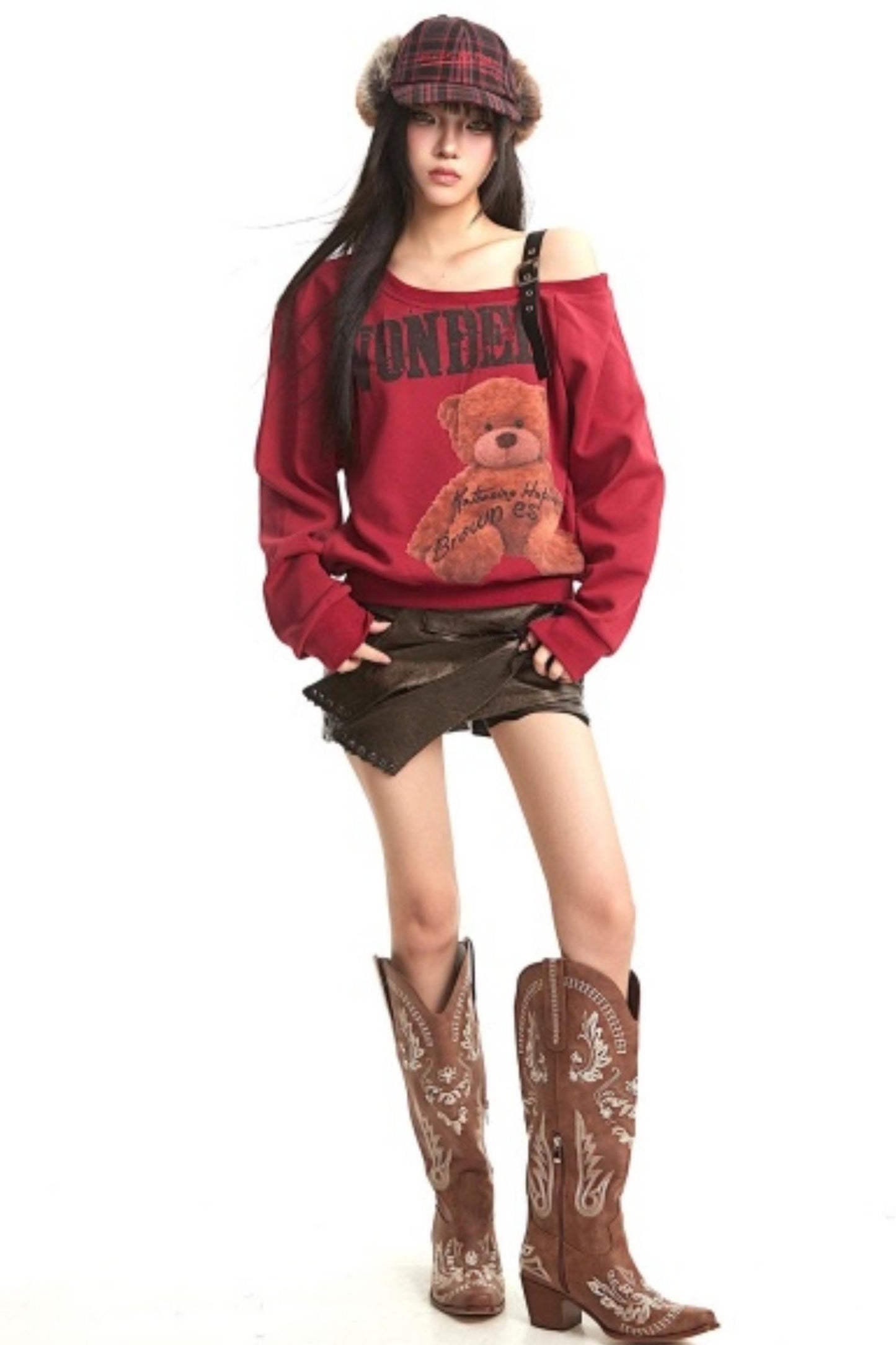 Retro Off-Shoulder Bear Sweatshirt