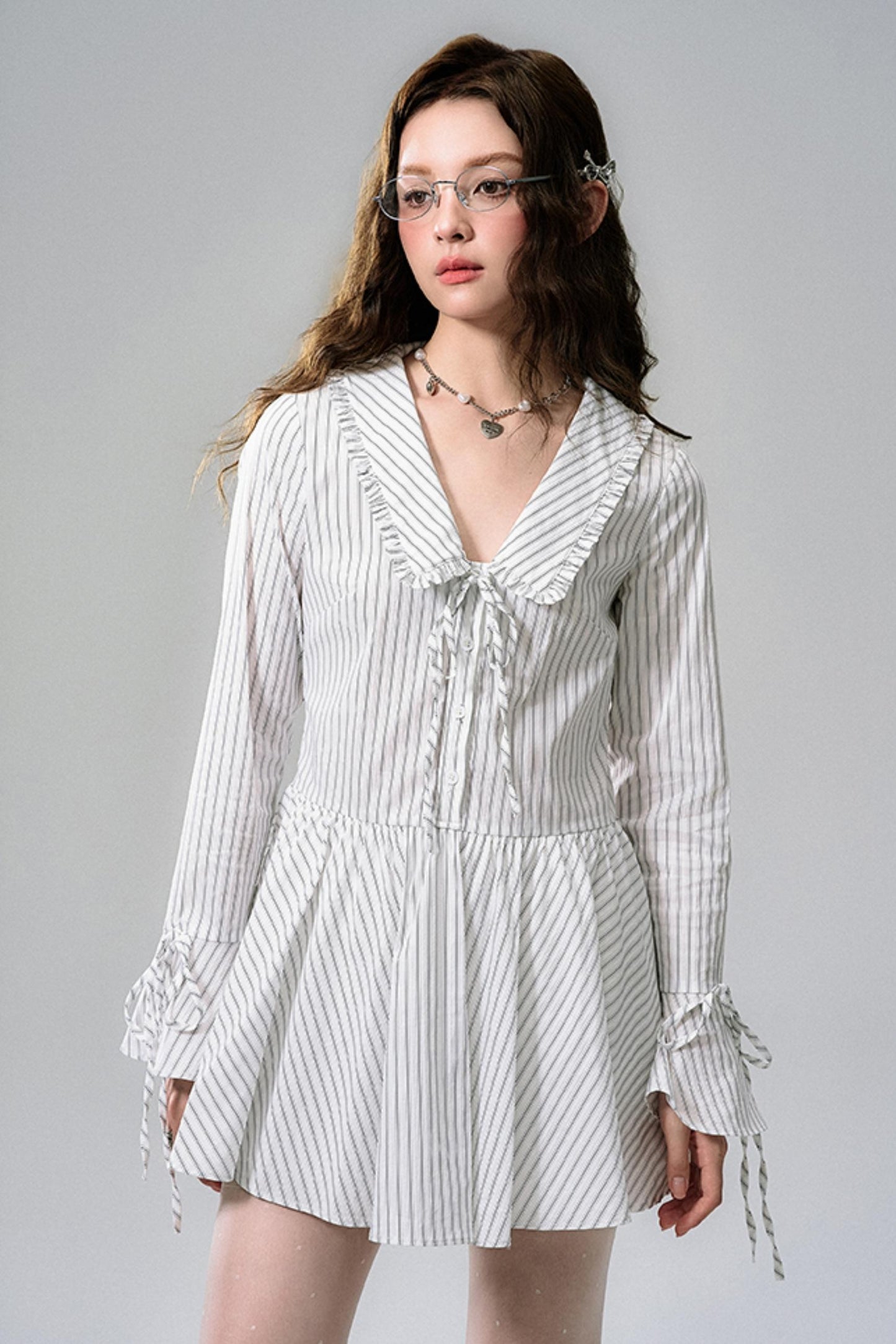 Striped Lace Bow Tie Long Sleeve Dress