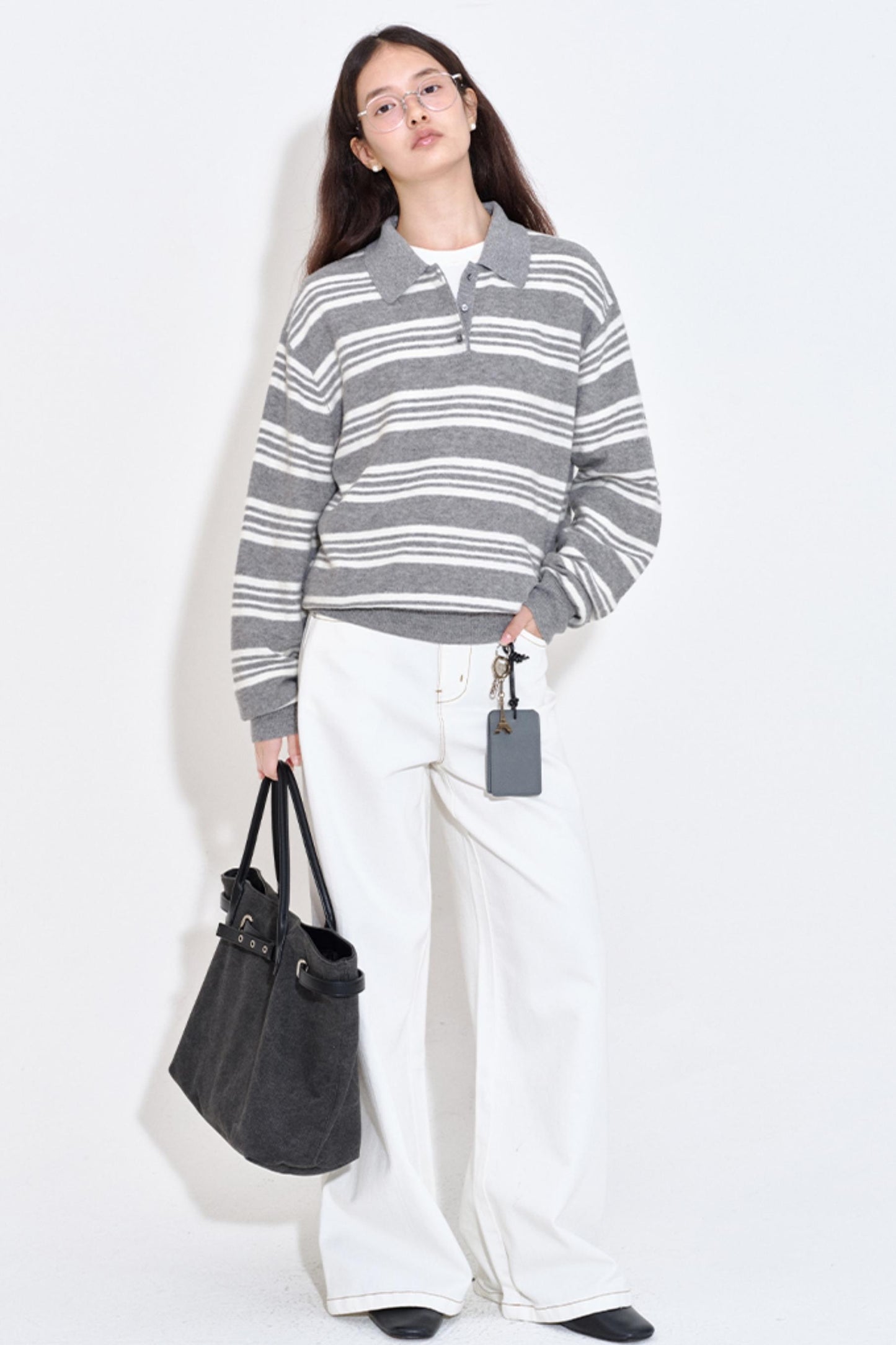 Soft Glutinous Texture Striped Polo Top