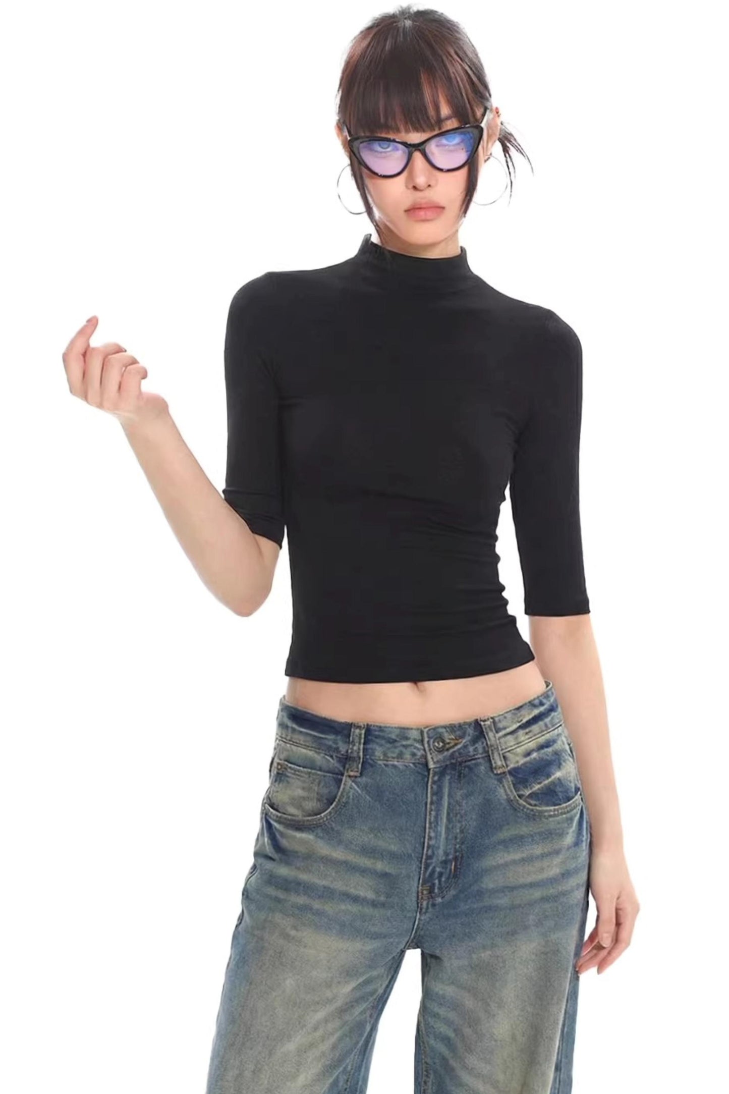 Black Knitted Mid-Sleeve Top