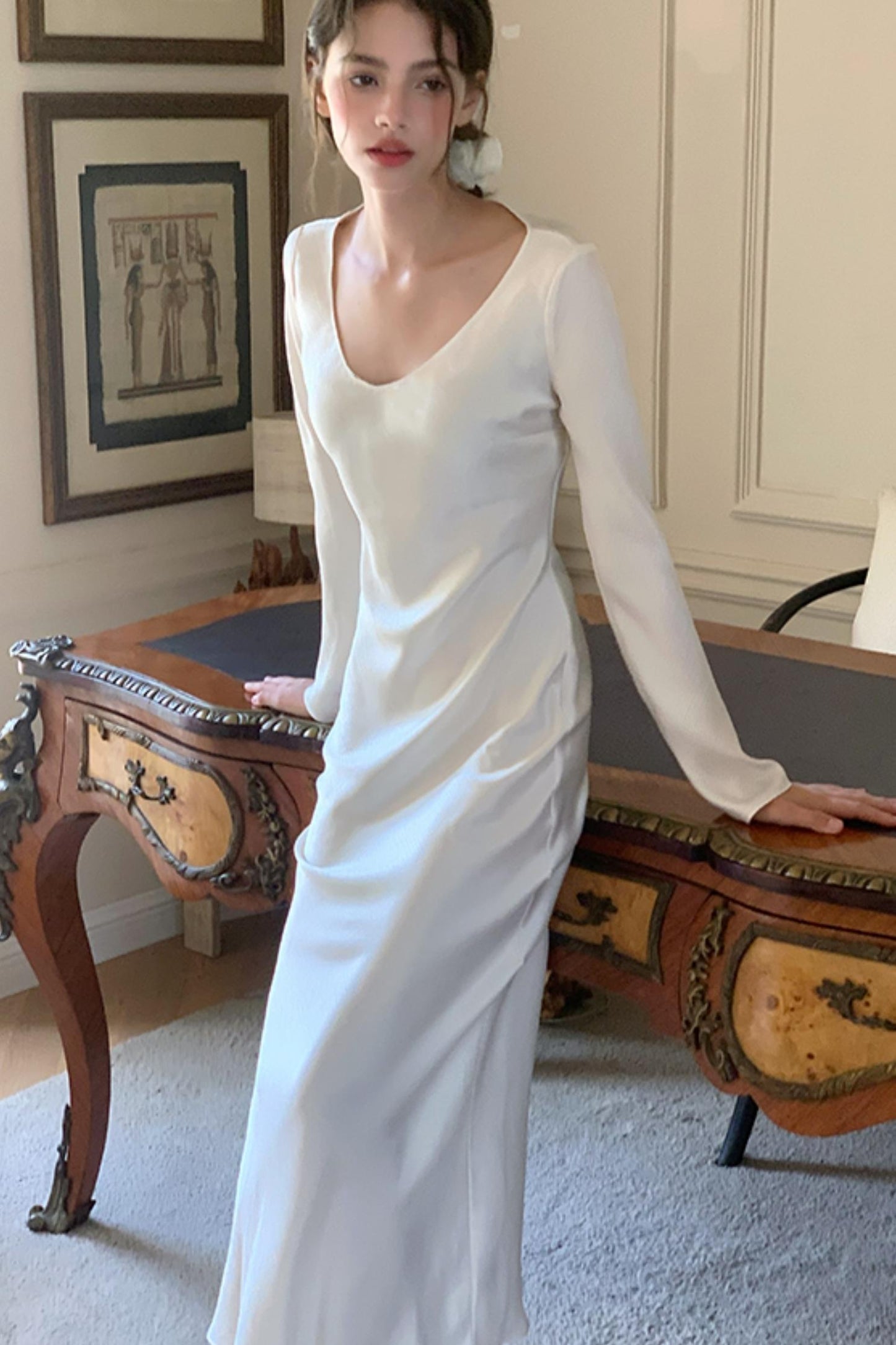 French Waist-Defined Long-Sleeve Dress