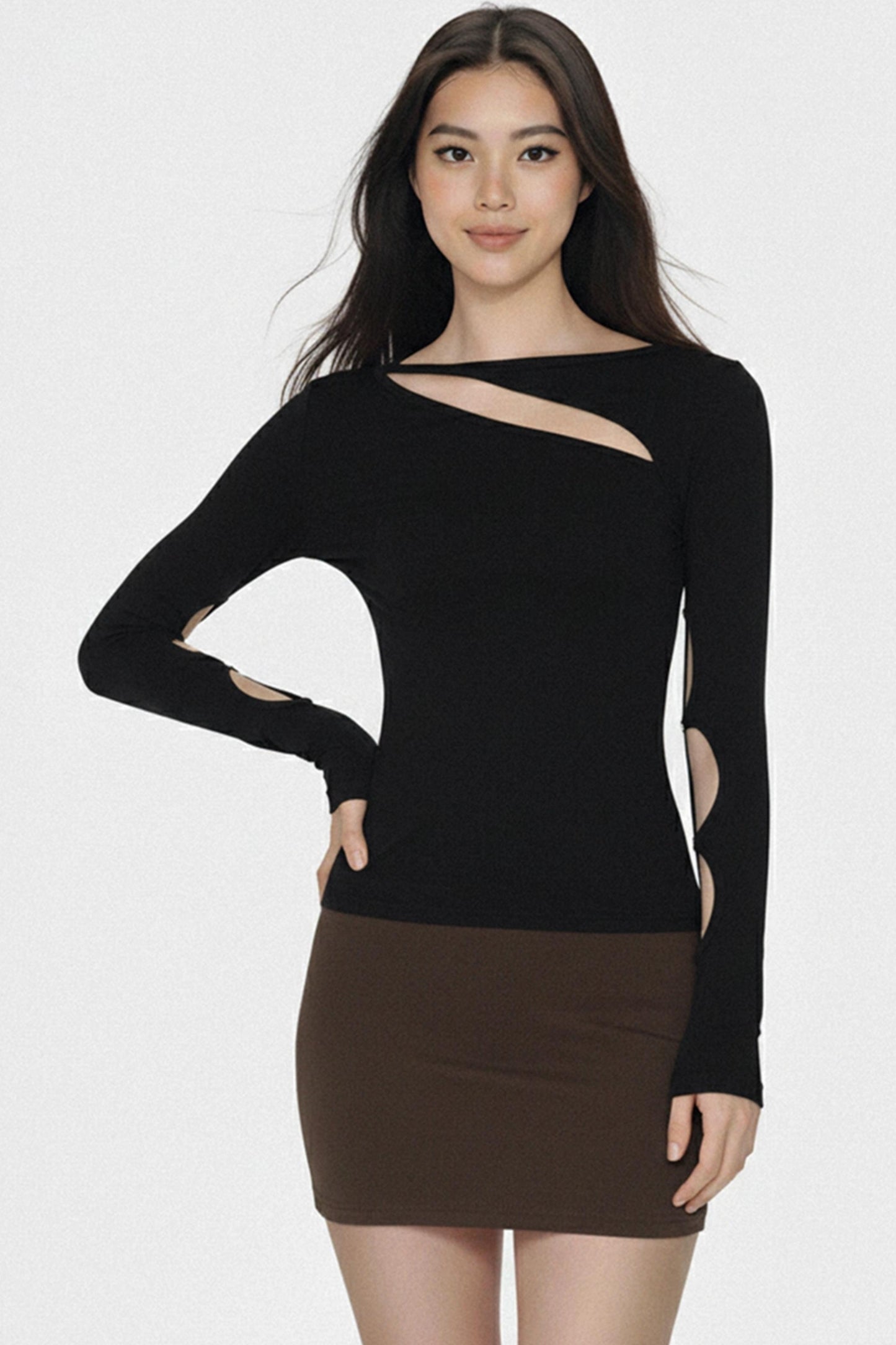 Asymmetrical Hollow Long-Sleeve Top