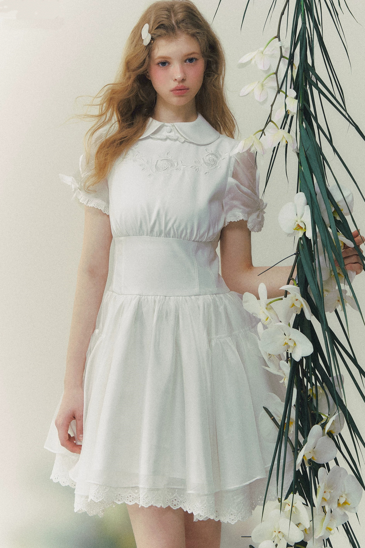 White Rose Embroidered Princess Midi Dress