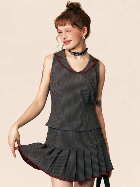 Striped V-Neck Vest and Skirt Set-Up