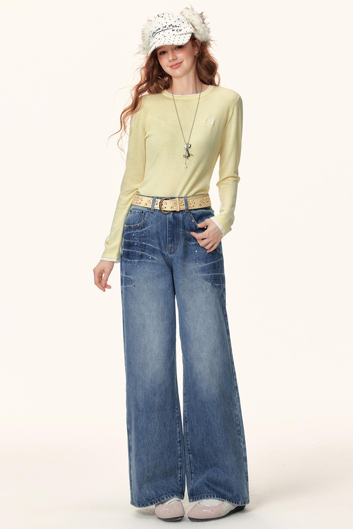 Rhinestone Washed Flared Pants