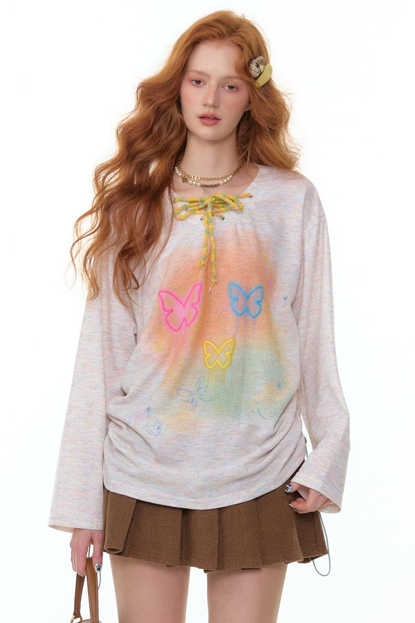 Flower Butterfly V-Neck Long Sleeve T-Shirt