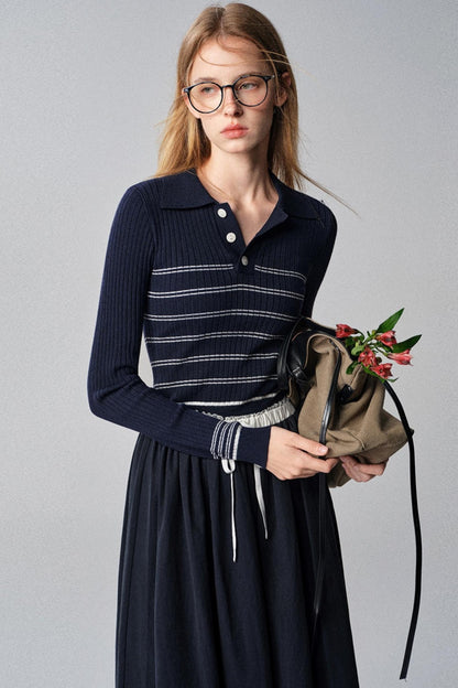 Morning Dew French Striped Long-Sleeved Top