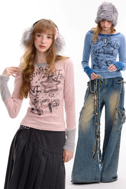 Patchwork Plush Crew Neck Knitted Base Shirt