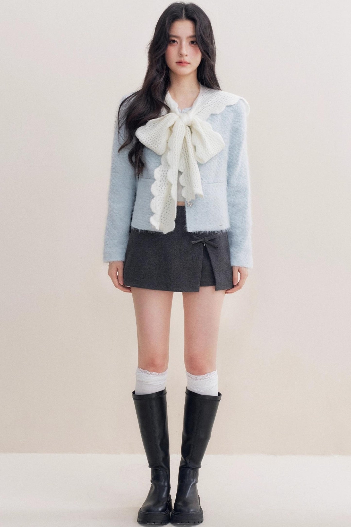 Bow Woolen Hem Skirt