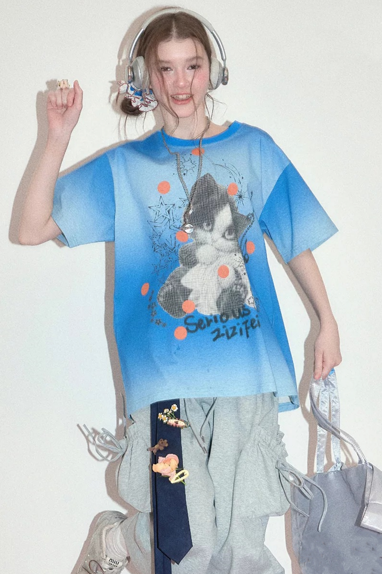 Blue Gradient Cat Print T-Shirt