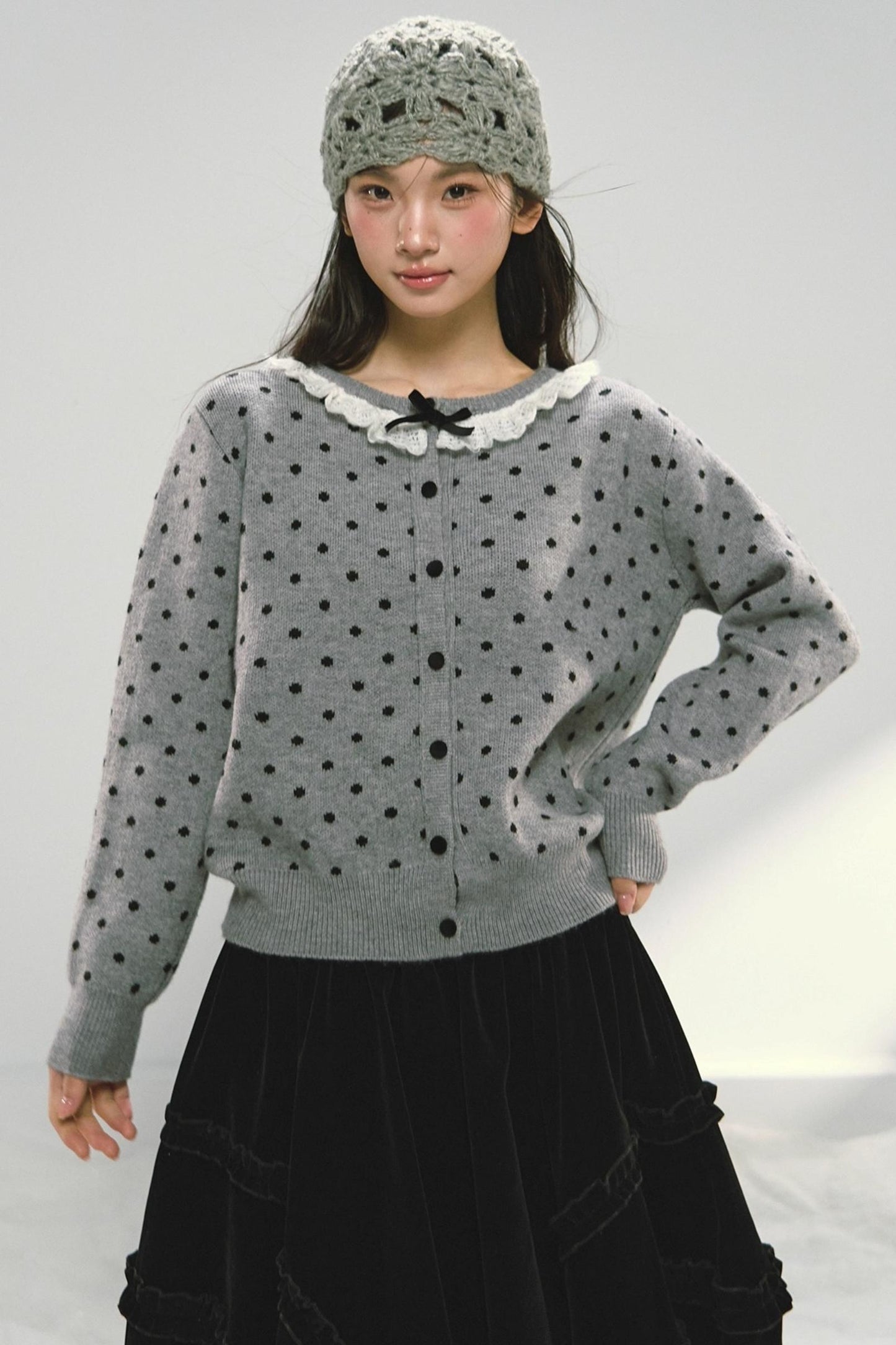 Lace Collar Polka Dot Cardigan