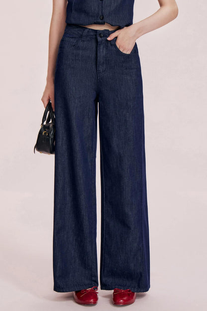 French Ruffle Denim Vest and Wide-Leg Pants Set-Up
