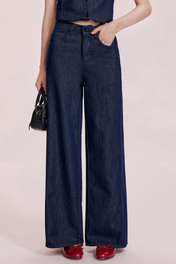 French Ruffle Denim Vest and Wide-Leg Pants Set-Up