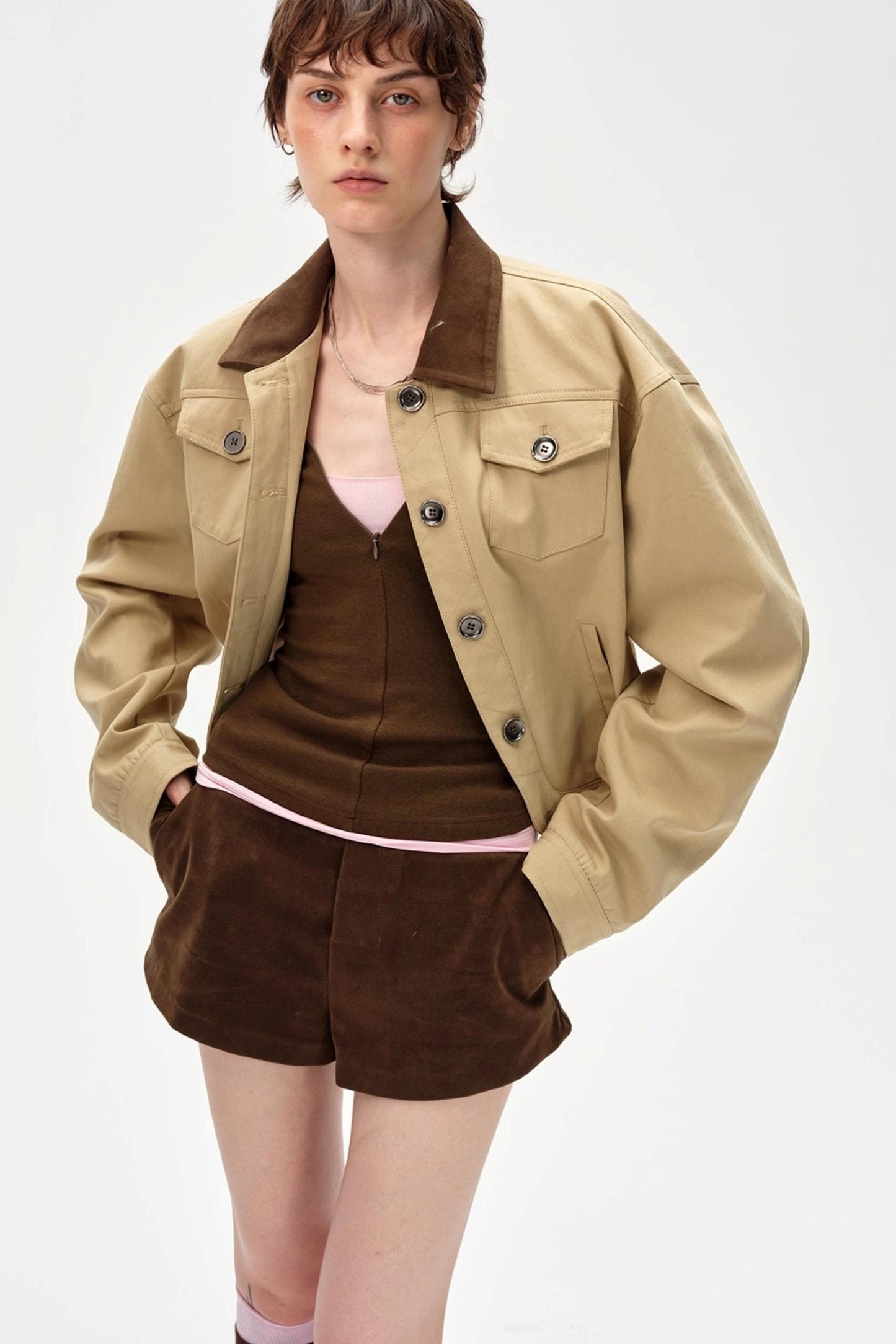 Color-Blocking Lapel Cargo Jacket