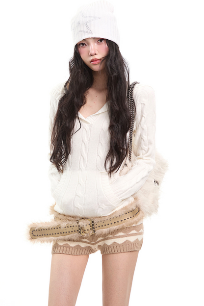 Retro V Neck Hooded Knitwear Top