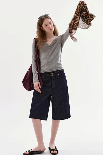 Gray Knit V-Neck Top