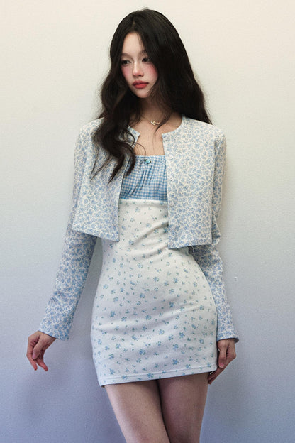 Plaid Floral Halter Dress Cardigan Set-Up