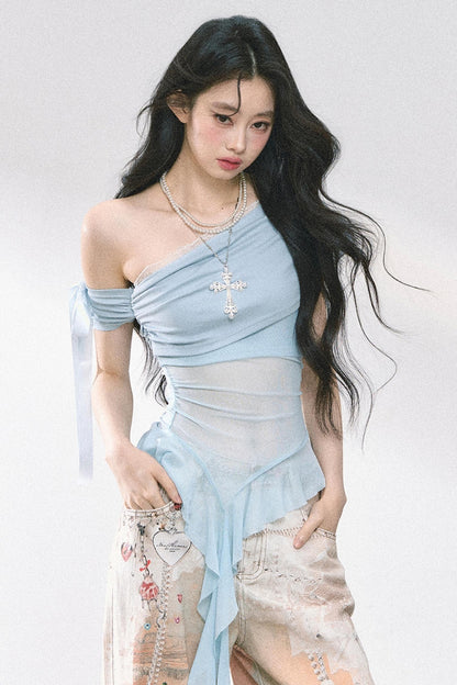 Sheer Mesh Off Shoulder T-Shirt