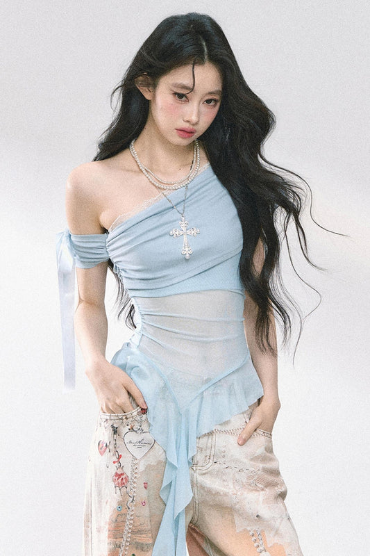 Sheer Mesh Off Shoulder T-Shirt