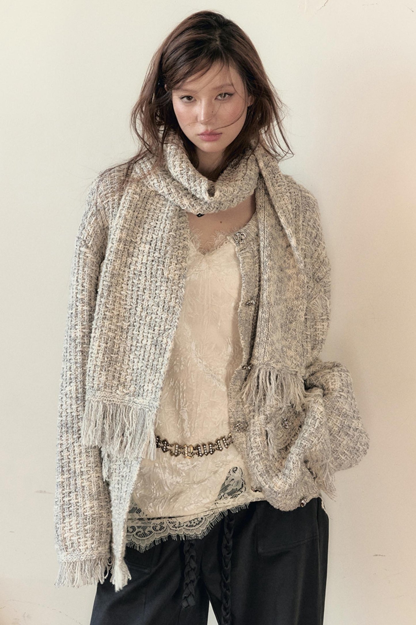 Knitted Cardigan With Scarf Set-Up