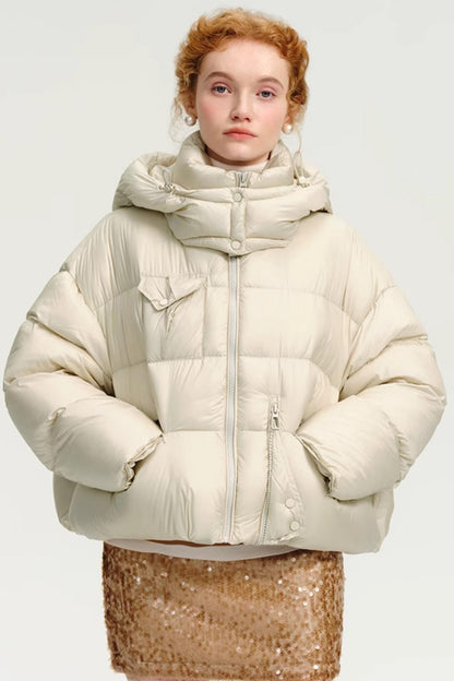 White Goose Down Hooded Short Jacket