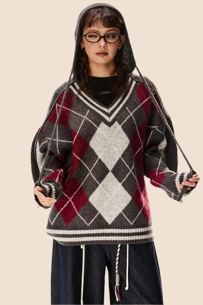 Quilted Retro Knit V-Neck Sweater