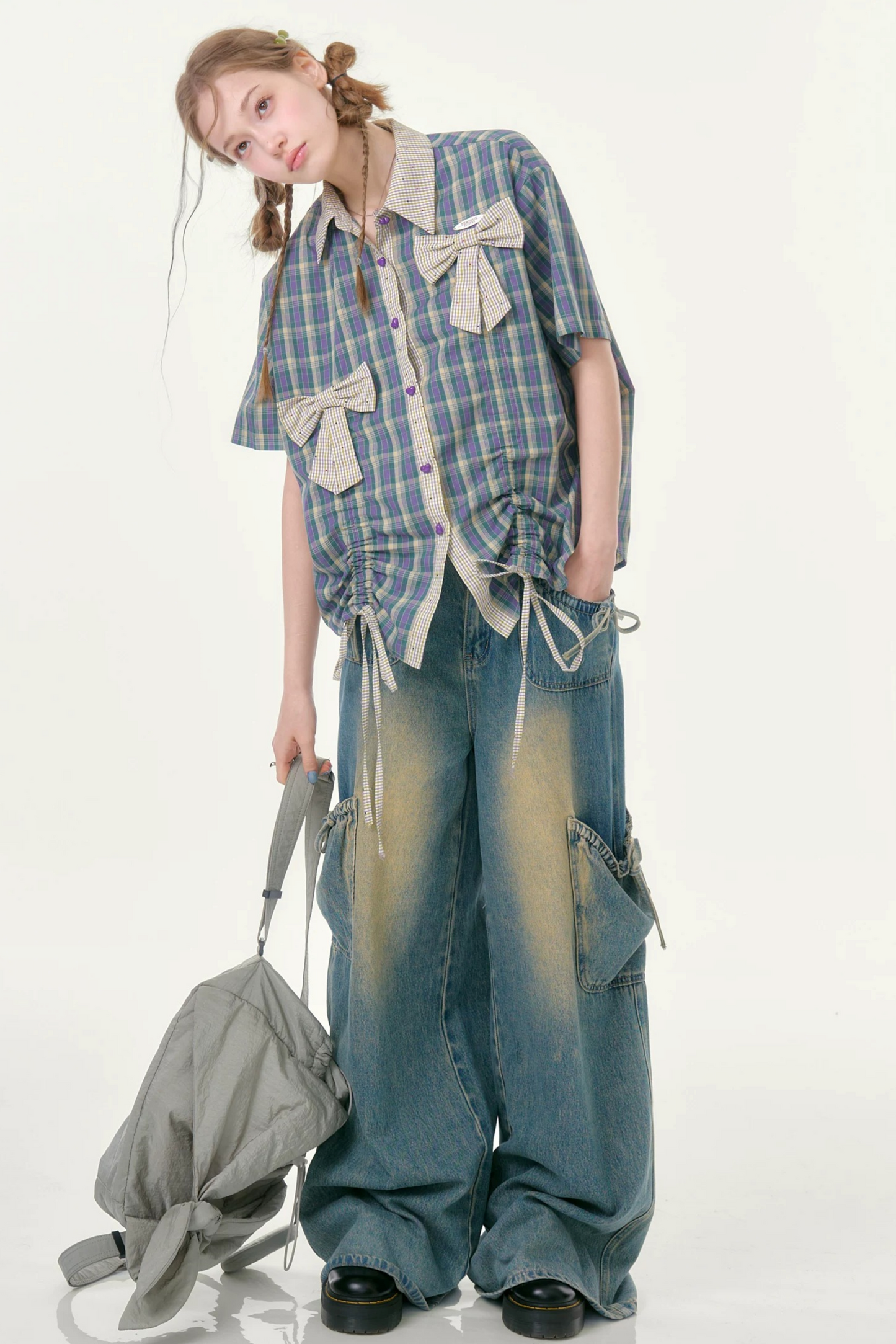 Purple Green Plaid Bow Drawstring Shirt