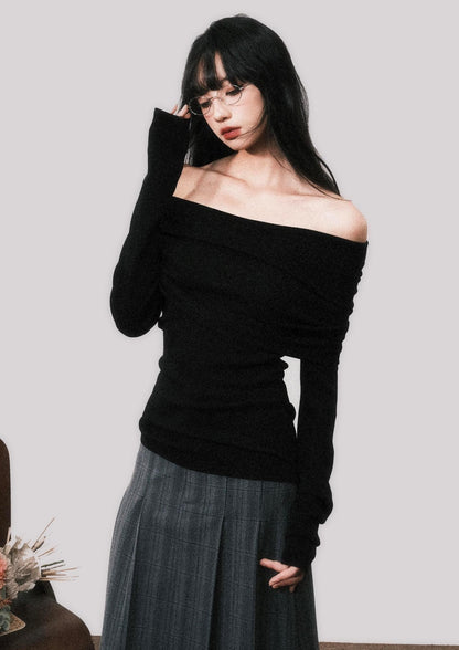 LULUSWINGS 24AW Slouchy French 100 Wool Yangtze Yarn One-shoulder Sweater Women's Slim Knit