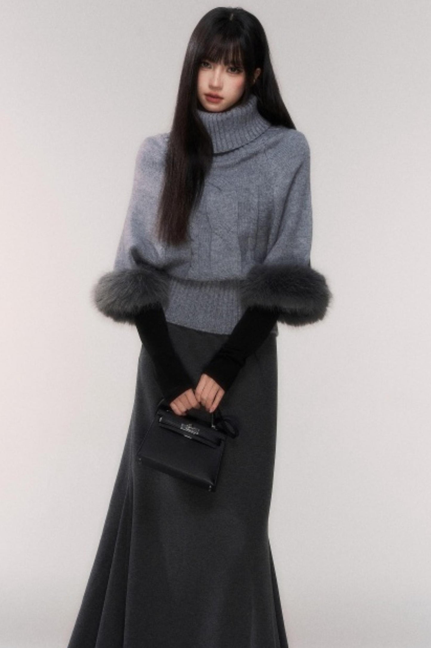 Gray Cable Knit Turtleneck Sweater