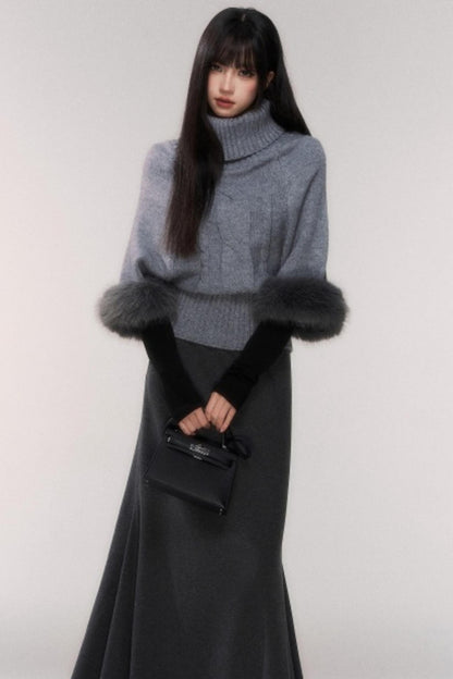 Gray Cable Knit Turtleneck Sweater