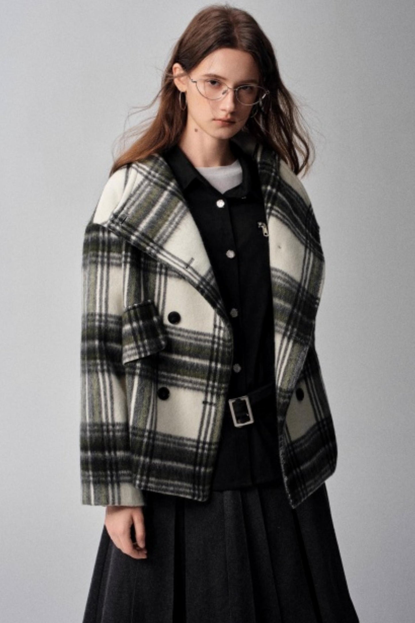 Large Lapel Plaid Woolen Coat