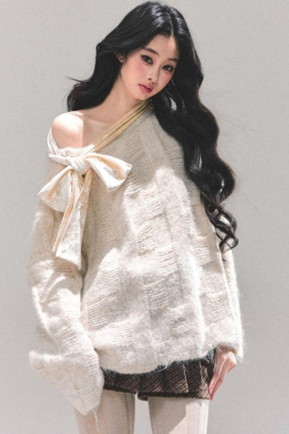 Sweet Bow-Knot Off-Shoulder Sweater