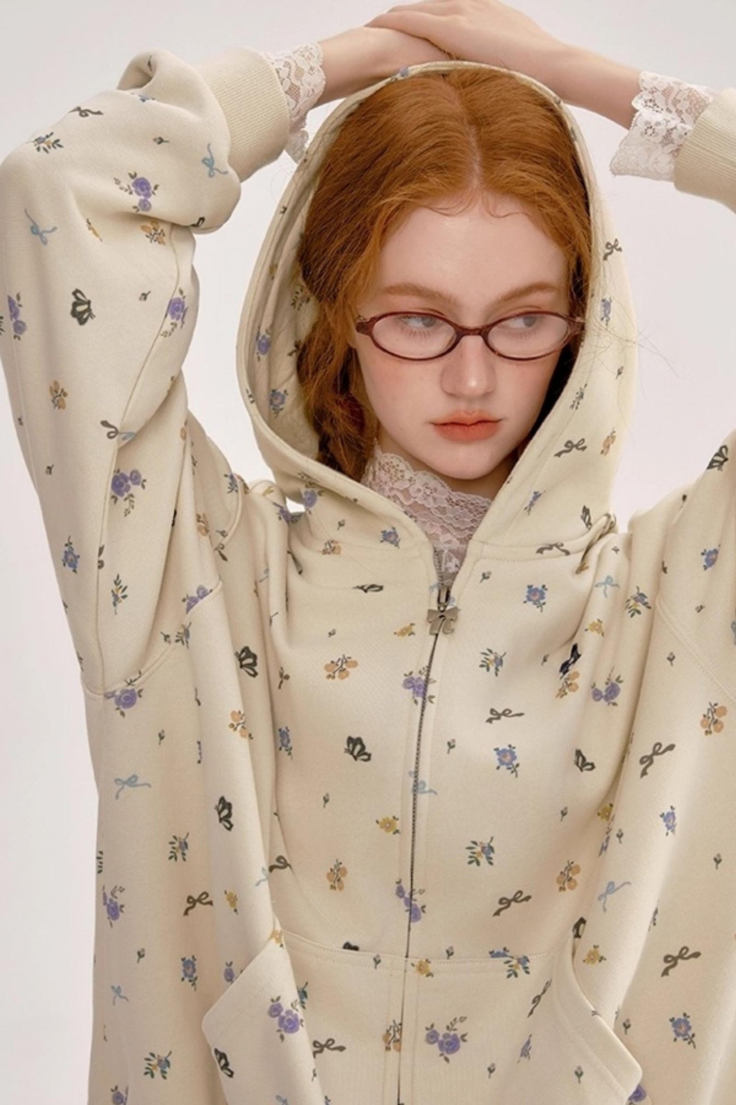 Floral Hooded Sweatshirt Cardigan Set-Up