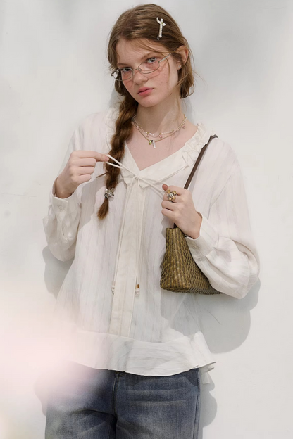 Striped Lace Sleeve Blouse