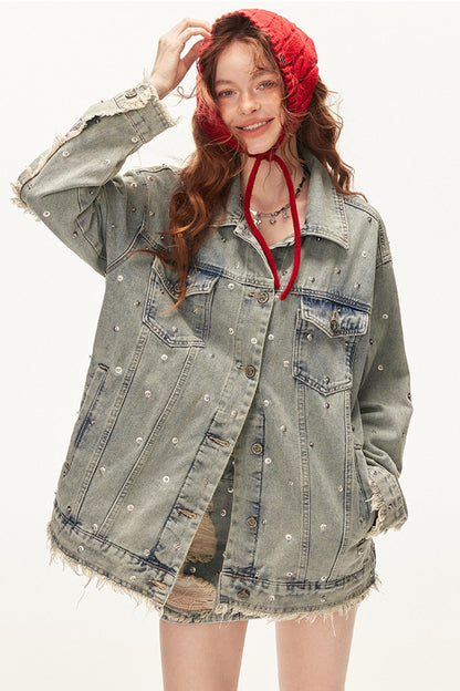 Denim Studded Jacket With Short Skirt Set-Up