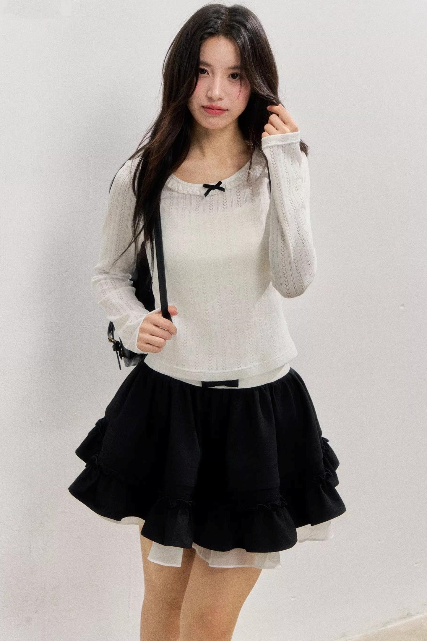 Texture Hollow Knit Long-Sleeved T-Shirt