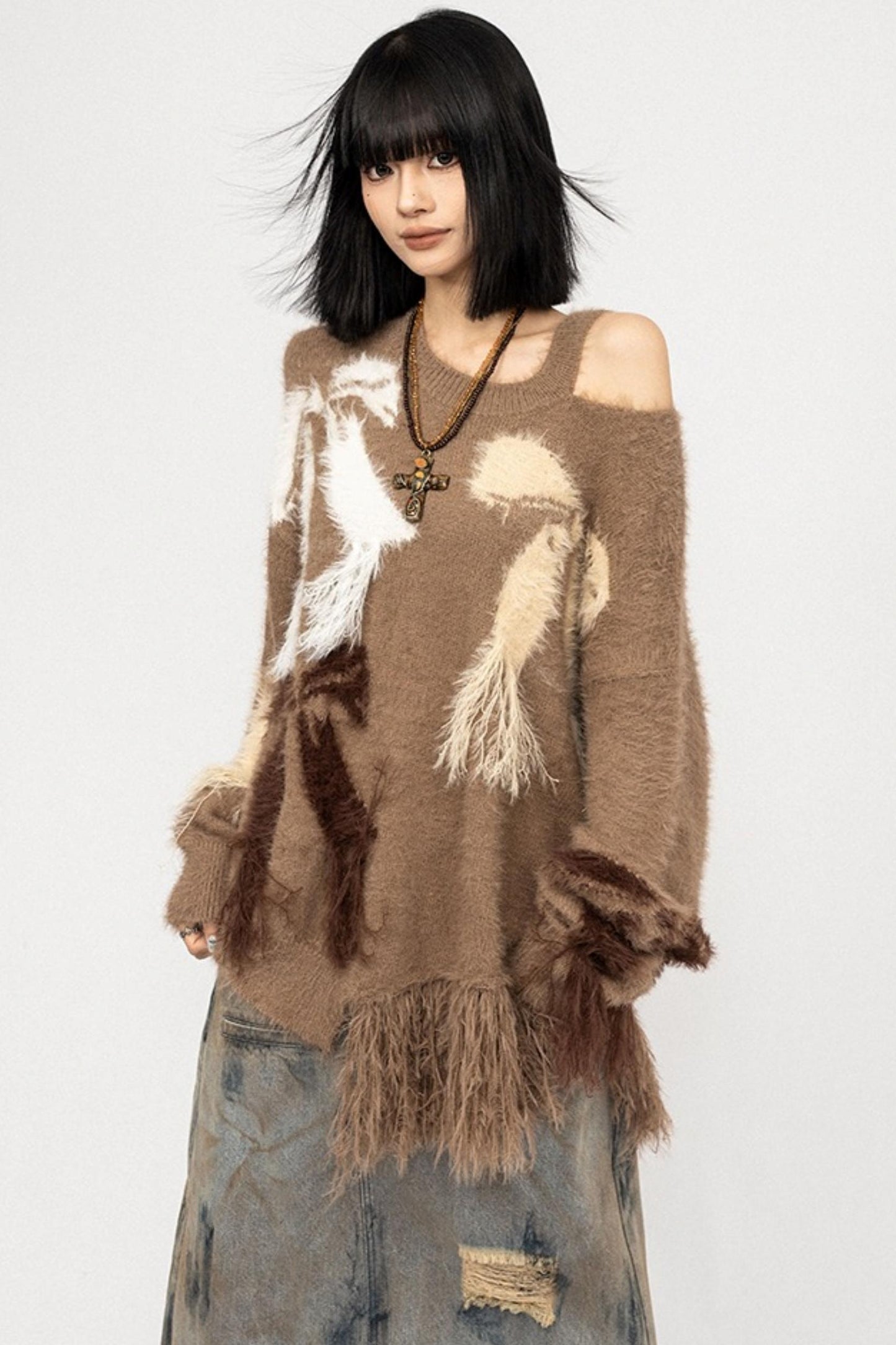Off-The-Shoulder Fringed Knit Top