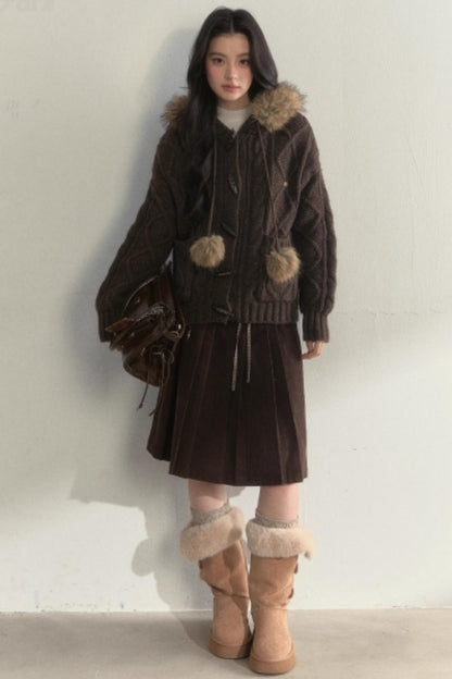 Retro Brown Corduroy Pleated Skirt